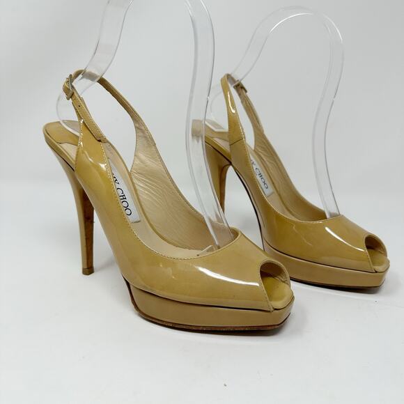 Jimmy Choo Nova Patent Leather Slingback Peep Toe Heels - Picture 2 of 12